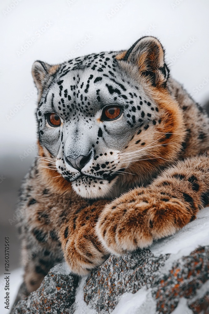 Fototapeta premium Majestic Snow Leopard Resting on Rocky Outcrop