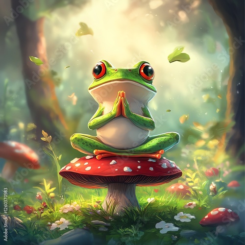 A meditative frog sitting on a mushroom in a tranquil forest setting.