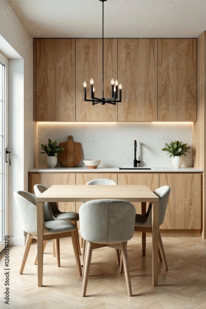 Fototapeta premium Modern Minimalist Kitchen Dining Area with Light Wood Cabinets and a Six-Light Chandelier