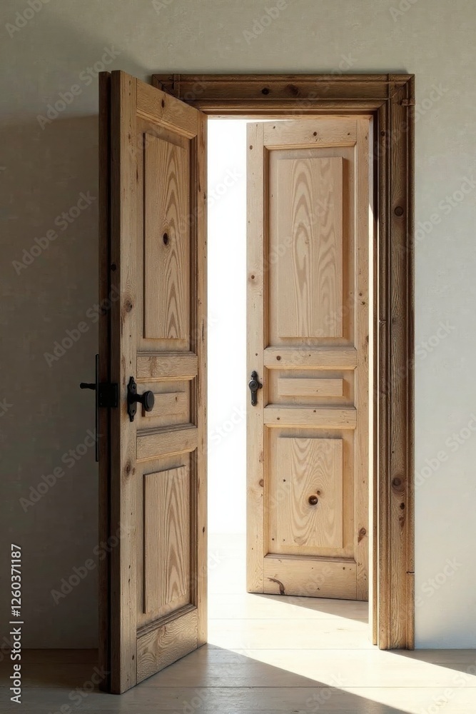 Light streams through an open double wooden door, revealing a bright interior space and inviting exploration of what lies beyond. Light streams through an open double wooden door, revealing a bright interior space and inviting exploration of what lies beyond.