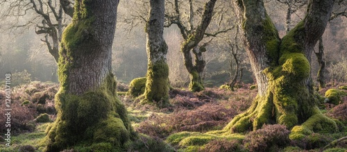 Moss-covered tree trunks and rich undergrowth in a serene conifer forest near Loch Awe, Argyll and Bute, Scotland. photo