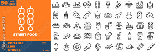 Street Food Line Editable Icons set. Vector illustration in modern thin line style of street food icons: Food, sandwich, snack, etc