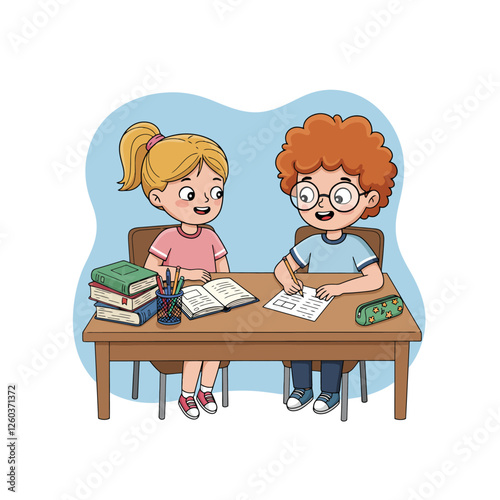 Children Studying Together Cartoon Illustration at Desk with Books