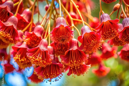 Australian native Kurrajong (Brachychiton populneus) blossoms close-up;  bell-shaped flowers in vibrant macro detail. photo