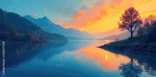 Wallpaper Mural A serene landscape featuring a lake with an abstract blue and orange swirls reflection, lake, natural Torontodigital.ca