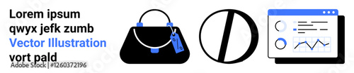 Handbag with a tag, prohibition sign, and analytics dashboard with graphs and charts. Ideal for e-commerce, fashion, regulations, data analysis, tech tutorials, marketing trends flat landing page