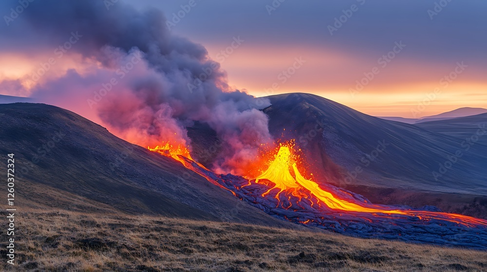 Fototapeta premium Volcanic eruption at sunset, lava flowing down mountainside