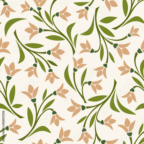 Seamless floral pattern with small flowers and leaves. Vector beige and green floral print
