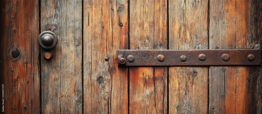 Rustic wooden door texture featuring natural grain, weathered wood, and metal hardware for home decor or architectural backgrounds.