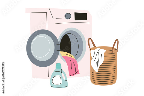 Vector illustration of washing machine with open door, laundry inside, detergent bottle, and wicker basket. Simple, cartoonish, and flat design depicting home, cleaning, and household chores