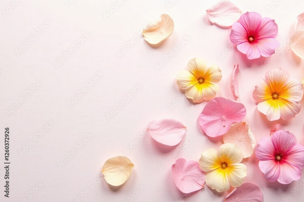 Delicate flower petals scattered on white background, petals, bloom Delicate flower petals scattered on white background, petals, bloom