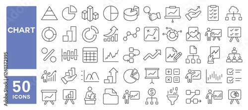 Set of 50 line icons related to chart, diagram, graph, report, data, analytics, research, survey, analysis, statistics, pictogram, Editable stroke. Vector illustration