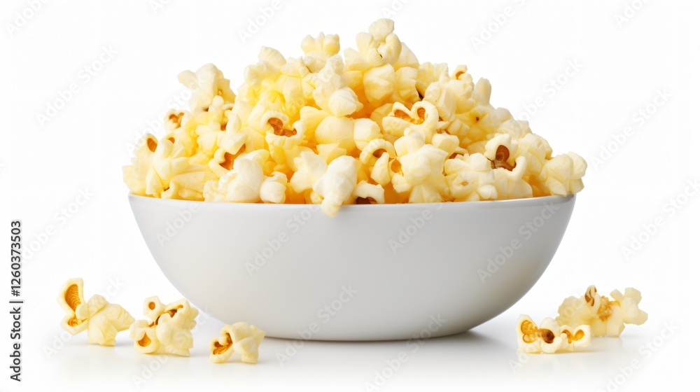 Delicious Salted Popcorn in Bowl Isolated on White Background Delicious Salted Popcorn in Bowl Isolated on White Background