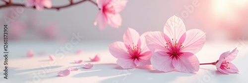 Delicate translucent pink flower blooms on a crisp white surface, blossom, spring