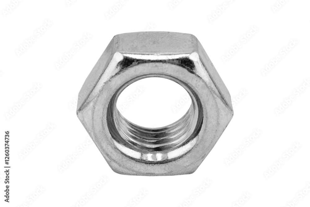 Macro shot metal nut isolated on white background. Chromed screw nut isolated. Steel nut isolated. Nuts and bolts. Macro shot metal nut isolated on white background. Chromed screw nut isolated. Steel nut isolated. Nuts and bolts.