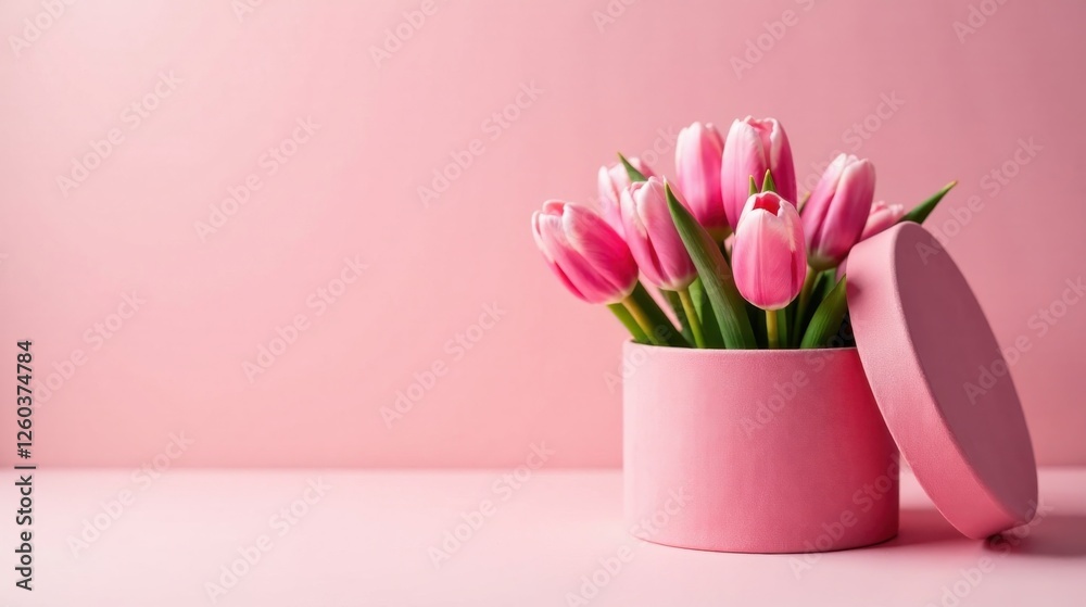 Obraz premium A Delicate Pink Bouquet of Spring Tulips in a Matching Gift Box on a Soft Pink Background