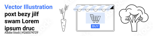 Digital storefront with shopping cart, vegetable carrot, and tree design promoting eco-friendly online shopping. Ideal for e-commerce, sustainability, retail, environment, and groceries flat landing