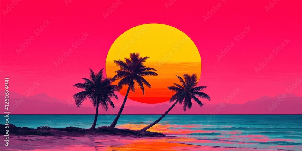 Obraz premium Vibrant sunset over tropical beach with palms retrowave aesthetic digital artwork serene ocean stunning