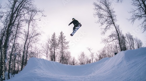 Snowboarder soars above snowy terrain in a winter wonderland landscape photo