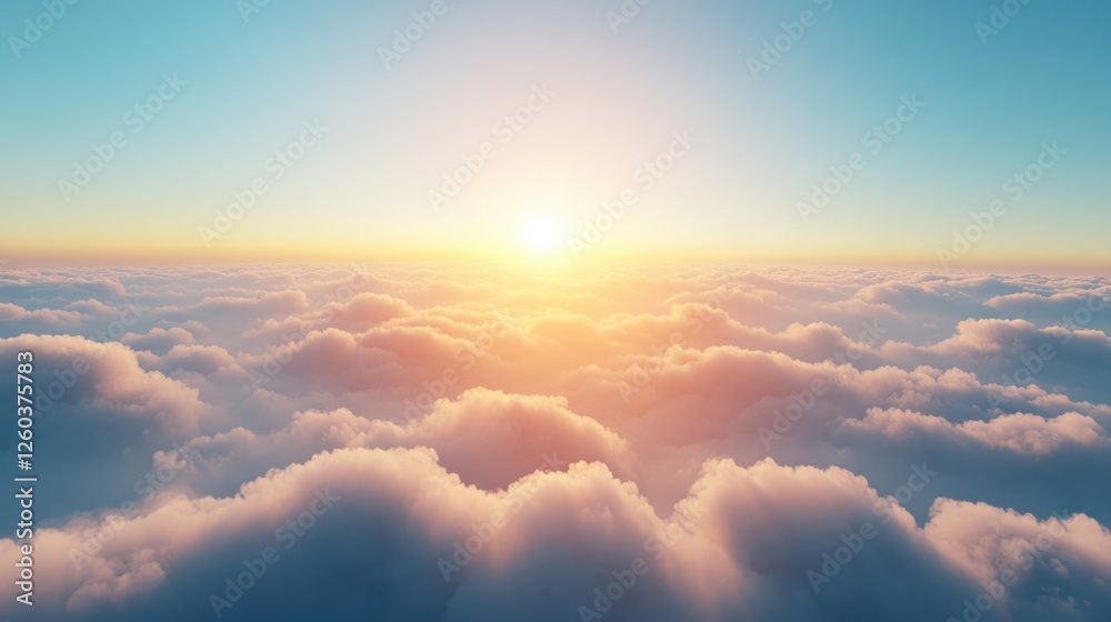 Serene sunrise above clouds viewed from airplane window with ample empty space for text and captions Serene sunrise above clouds viewed from airplane window with ample empty space for text and captions