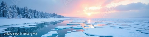 Frozen sea ice stretching towards the horizon with snow-covered trees in the foreground, winder wonderland, frozen sea ice, snow covered trees