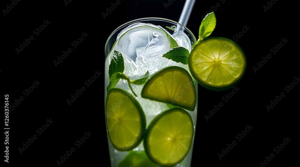 Close-up view of mojito cocktail with straw in glass and lime slices on black, cocktail drinks concept Close-up view of mojito cocktail with straw in glass and lime slices on black, cocktail drinks concept