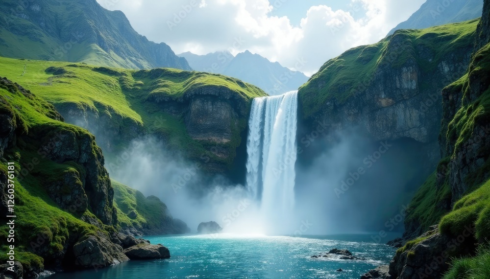 Fototapeta premium Misty veil surrounds alpine waterfall cascade, waterfall, Alps