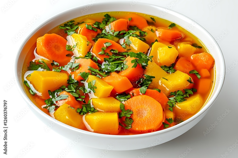 A colorful and healthy bowl of vegetable soup brimming with carrots, squash, and fresh herbs, captured beautifully against a pristine white background to highlight every detail. A colorful and healthy bowl of vegetable soup brimming with carrots, squash, and fresh herbs, captured beautifully against a pristine white background to highlight every detail.