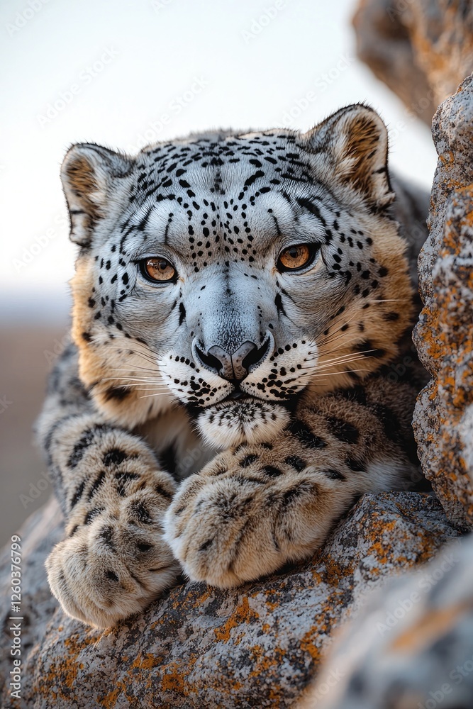 Majestic Snow Leopard Resting on Rocky Outcrop Majestic Snow Leopard Resting on Rocky Outcrop