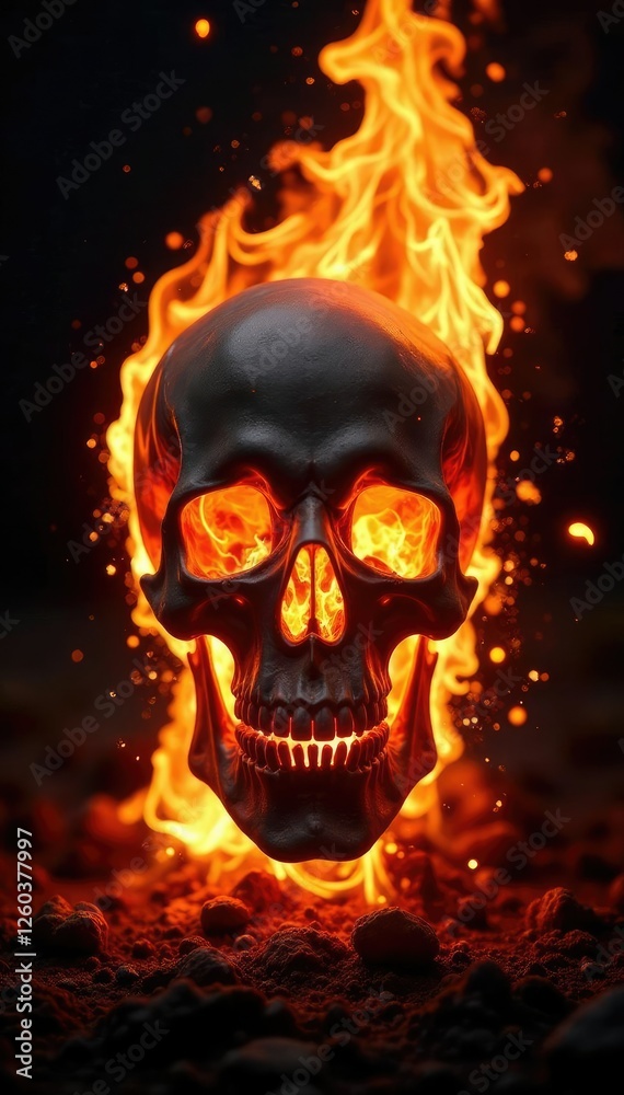 Skulls and flames in a fiery explosion on a black background, burning skulls, skulls pyre Skulls and flames in a fiery explosion on a black background, burning skulls, skulls pyre