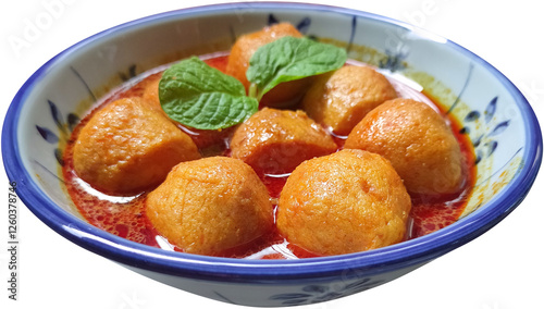 Bowl of asian food curry fish ball with spicy curry soup and peppermint decoration on top isolated blank background