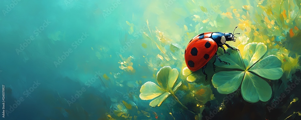 Detailed artwork of a ladybug sitting on a fourleaf clover, representing nature, luck, and whimsy, bright colors, realistic textures, enchanting and peaceful background Detailed artwork of a ladybug sitting on a fourleaf clover, representing nature, luck, and whimsy, bright colors, realistic textures, enchanting and peaceful background