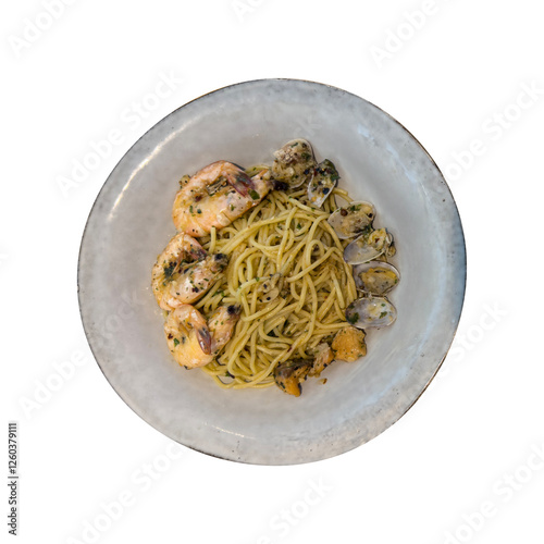 Homemade spaghetti seafood aglio olio top view on white background