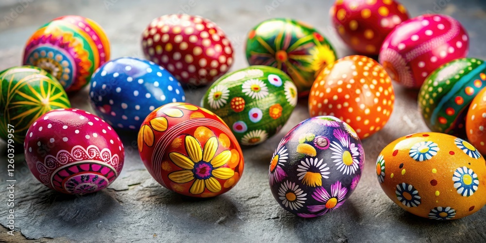 Fototapeta premium Charming tilt-shift image of cute, handmade wooden Easter eggs against a stylish gray concrete backdrop.