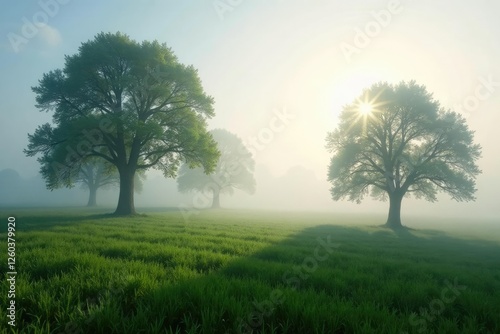 The trees of the meadow are veiled by a thick layer of fog, misty, natural photo