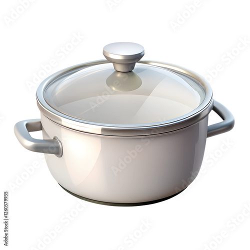 Realistic saucepan. White cooking pot. 3d rendering isolated on white background. Cartoon plastic style icon