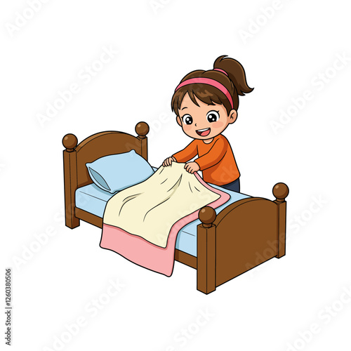 Girl Cartoon Character Making Bed with Pink Blanket and Blue Pillow