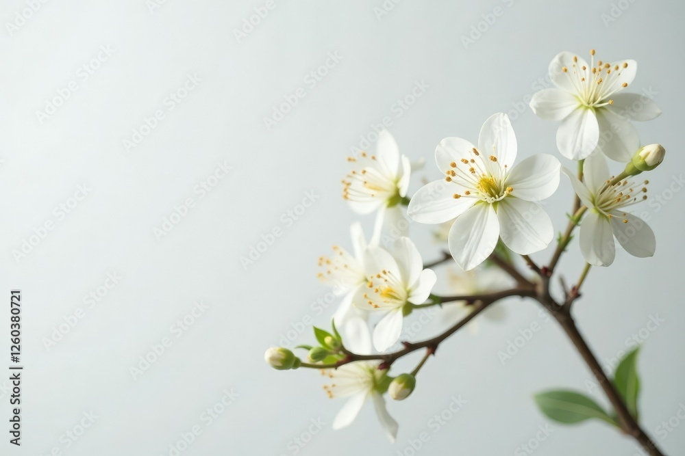 A delicate white flower arrangement on a bare white branch, stem, blooms, branch A delicate white flower arrangement on a bare white branch, stem, blooms, branch