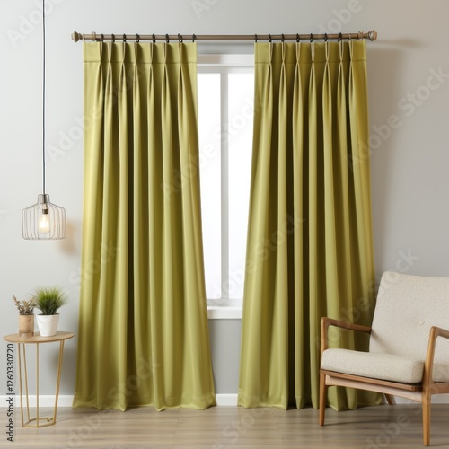 Heavy fabric curtains in modern bedroom, white walls and wooden furniture, miminal interior design