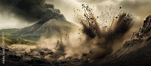 Erupting volcano with mud splashes and ash clouds showcasing powerful geological activity and dramatic natural landscape photo