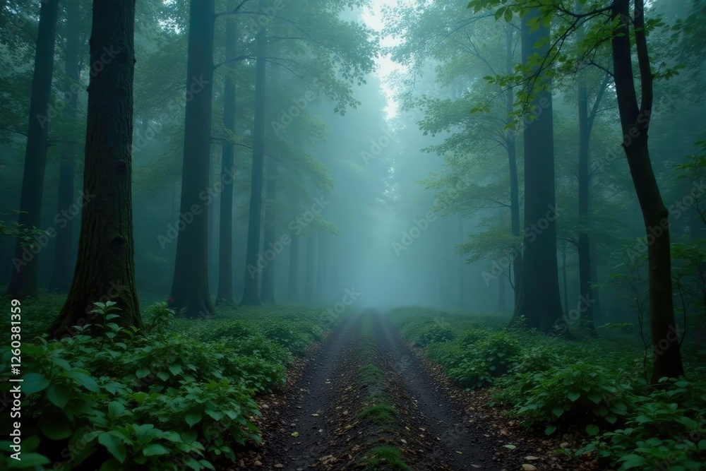 Fototapeta premium A lonely forest pathway shrouded in thick fog, woodlands, nature, dense foliage