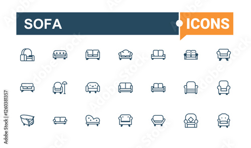 Sofa icon collection. Contains such icons as dining, home, computer, kitchen, drawer and more. Simple line vector. Solid line editable stroke.