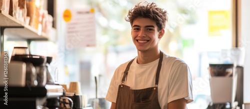 Teenage boy enjoying summer job at cafe with a humorous smile and empty space for text in a vibrant, casual setting