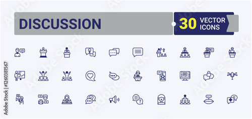 Discussion linear icon. Containing bubble, class, art, speaking, talk, businessman, room, person. Simple icon designs. Vector outline and solid icons collection.