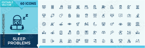 Sleep Problems modern icons set. Includes icons for alarm, healthy, bedroom, stress, relaxation, dream, treatment and more. Outline icon collection. Modern vector illustration.