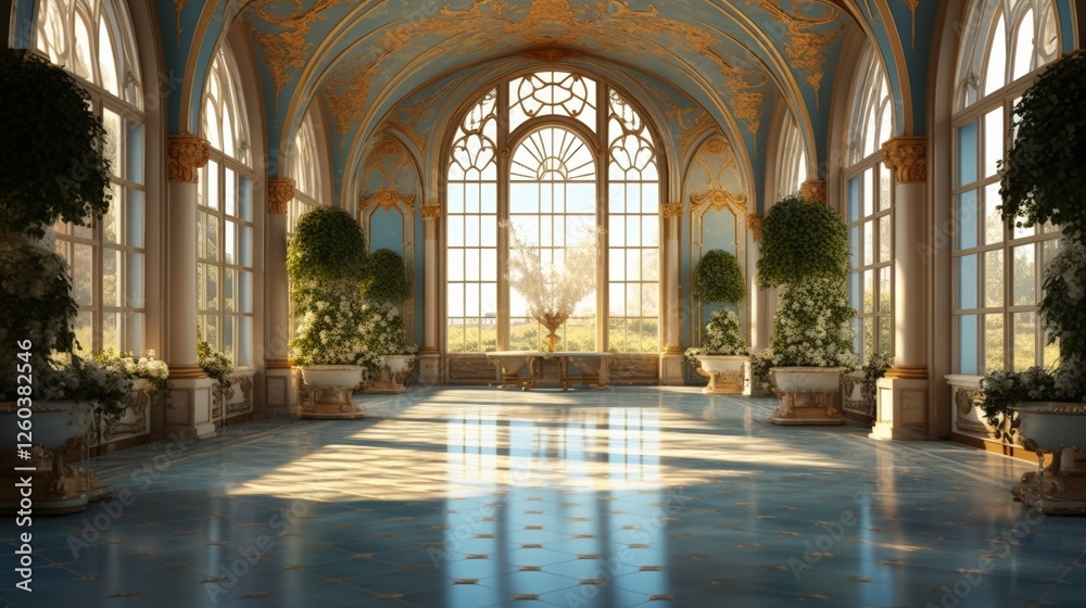 Fototapeta premium Grand Hall with Arched Windows and Elegant Decor Featuring Lush Greenery and Soft Natural Light Flooding the Space, Grand Hall of a Gilded Palace