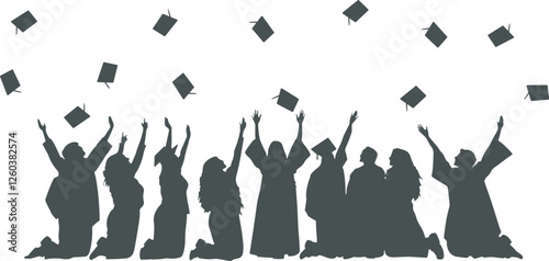 Silhouettes of graduating students cheering and jumping with their hats thrown into the sky. Transparent background, perfect for decorating graduation books, banners, magazines and academic publicatio