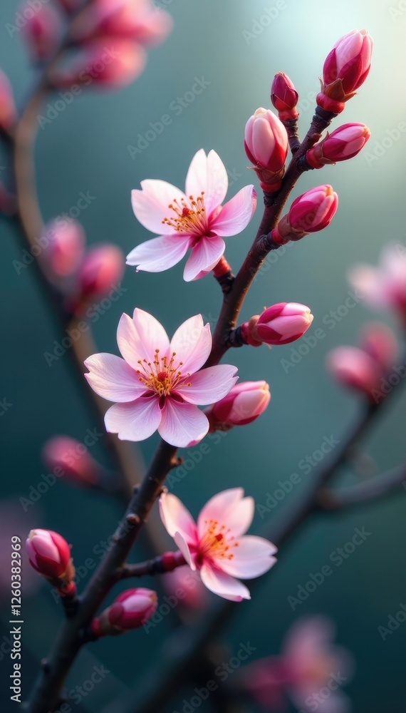 delicate branch with blooming flowers unfolding, buds, blossomed, branches