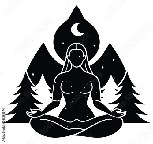 Experience cosmic tranquility with this celestial silhouette meditating under the stars in nature.