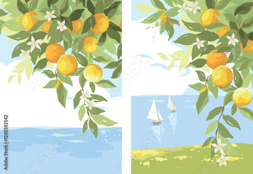Background with orange branches and sea. Hand drawn vector illustration in watercolor style, poster or postcard with citrus and Mediterranean landscape.